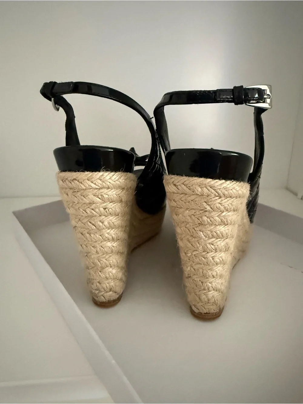 Dior Black Patent Espadrille Wedge Slingback Sandals Size 37